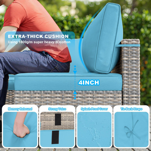 8-Piece Modern Patio Conversation Set with 55,000 BTU Fire Pit Table, Thick Cushions, Dual-Strand Wicker Rattan, Rust-Resistant Frame, Lake Blue