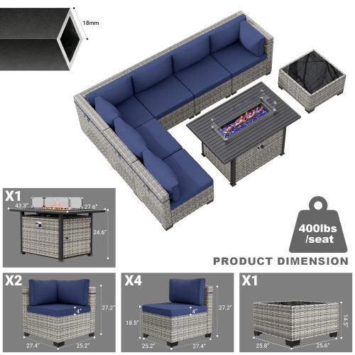 8-Piece Modern Patio Furniture Set with 55,000 BTU Fire Pit Table, Thick Cushions, Dual-Strand Wicker Rattan, Rust-Resistant Frame, Navy Blue
