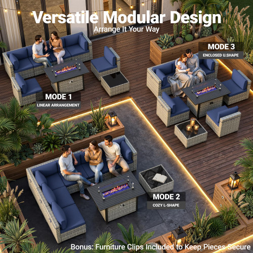 8-Piece Modern Patio Furniture Set with 55,000 BTU Fire Pit Table, Thick Cushions, Dual-Strand Wicker Rattan, Rust-Resistant Frame, Navy Blue