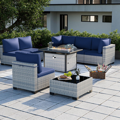 8-Piece Modern Patio Furniture Set with 55,000 BTU Fire Pit Table, Thick Cushions, Dual-Strand Wicker Rattan, Rust-Resistant Frame, Navy Blue