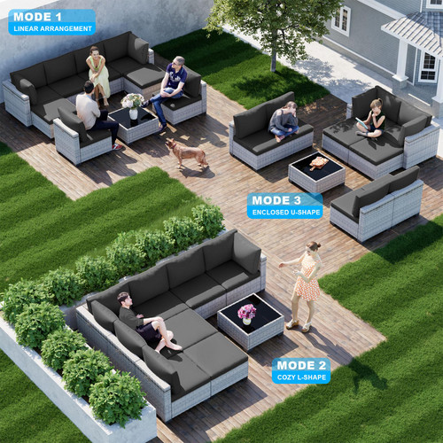 9-Piece Patio Furniture Set, Outdoor with Ottomans, Modular Patio Sofa, Dual-Strand Wicker Rattan, Rust-Resistant Frame, Backyard Furniture for Garden, Deck, Black