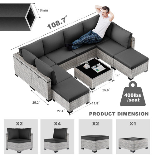 9-Piece Patio Furniture Set, Outdoor with Ottomans, Modular Patio Sofa, Dual-Strand Wicker Rattan, Rust-Resistant Frame, Backyard Furniture for Garden, Deck, Black