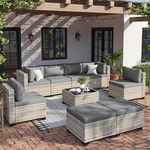 9-Piece Patio Furniture Set, Outdoor Sectional with Ottomans, Modular Patio Sofa, Dual-Strand Wicker Rattan, Rust-Resistant Frame, Backyard Furniture for Garden, Deck, Gray