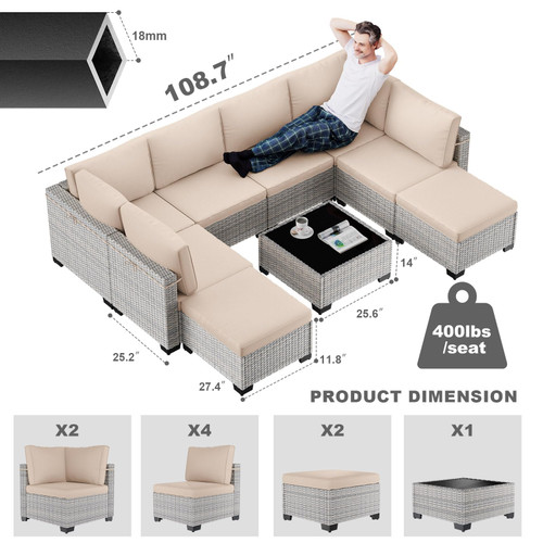 9-Piece Patio Furniture Set, Outdoor with Ottomans, Modular Patio Sofa, Dual-Strand Wicker Rattan, Rust-Resistant Frame, Backyard Furniture for Garden, Deck, Sand