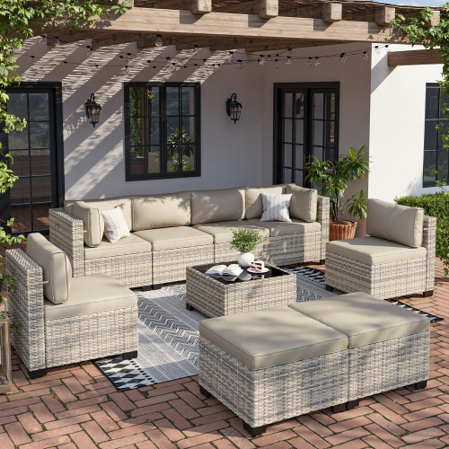 9-Piece Patio Furniture Set, Outdoor with Ottomans, Modular Patio Sofa, Dual-Strand Wicker Rattan, Rust-Resistant Frame, Backyard Furniture for Garden, Deck, Sand