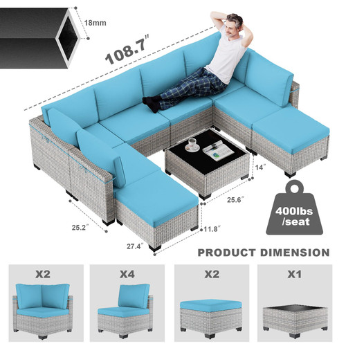 9-Piece Patio Furniture Set, Outdoor with Ottomans, Modular Patio Sofa, Dual-Strand Wicker Rattan, Rust-Resistant Frame, Backyard Furniture for Garden, Deck, Lake Blue