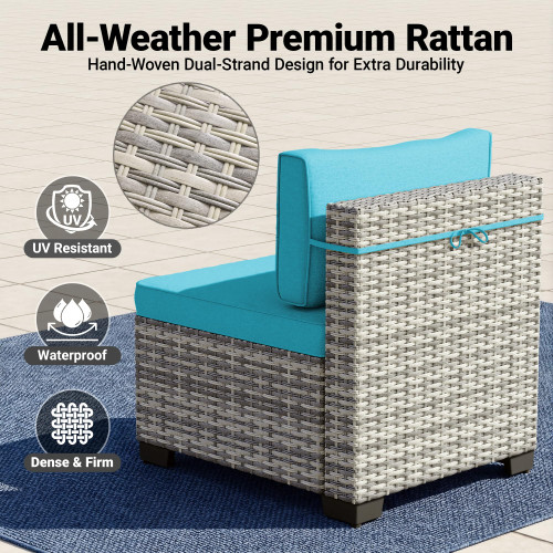 9-Piece Patio Furniture Set, Outdoor with Ottomans, Modular Patio Sofa, Dual-Strand Wicker Rattan, Rust-Resistant Frame, Backyard Furniture for Garden, Deck, Lake Blue