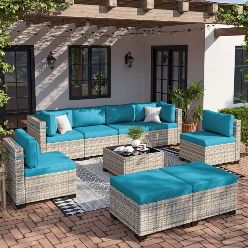 9-Piece Patio Furniture Set, Outdoor with Ottomans, Modular Patio Sofa, Dual-Strand Wicker Rattan, Rust-Resistant Frame, Backyard Furniture for Garden, Deck, Lake Blue