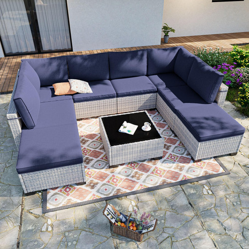 9-Piece Patio Furniture Set, Outdoor Sectional with Ottomans, Modular Patio Sofa, Dual-Strand Wicker Rattan, Rust-Resistant Frame, Backyard Furniture for Garden, Deck, Navy Blue