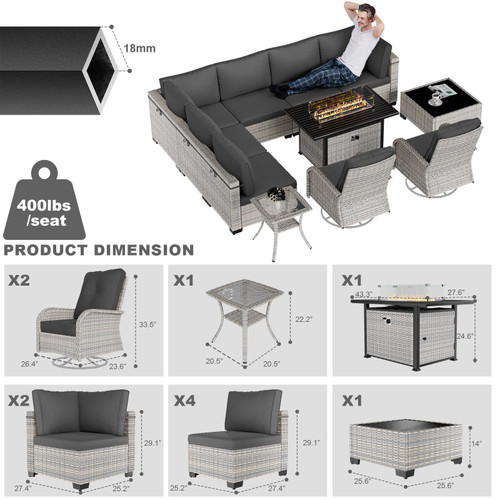 11-Piece Patio Furniture Set, Outdoor Patio Furniture with 55,000 BTU Fire Pit Table, Swivel Chairs Set, Thick Cushions, Modular Patio Sofa, Dual-Strand Wicker Rattan, Rust-Resistant Frame, Black