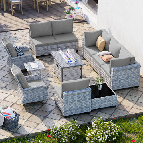 11-Piece Patio Furniture Set, Outdoor Patio Furniture with 55,000 BTU Fire Pit Table, Swivel Chairs Set, Thick Cushions, Modular Patio Sofa, Dual-Strand Wicker Rattan, Rust-Resistant Frame, Grey