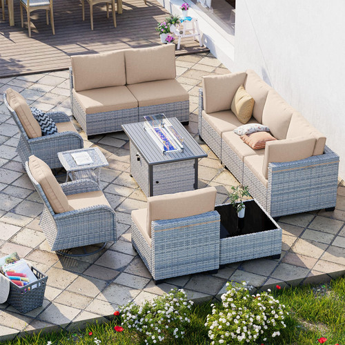 11-Piece Patio Furniture Set, Outdoor Patio Furniture with 55,000 BTU Fire Pit Table, Swivel Chairs Set, Thick Cushions, Modular Patio Sofa, Dual-Strand Wicker Rattan, Rust-Resistant Frame, Sand