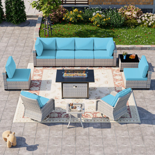 11-Piece Patio Furniture Set, Outdoor Patio Furniture with 55,000 BTU Fire Pit Table, Swivel Chairs Set, Thick Cushions, Modular Patio Sofa, Dual-Strand Wicker Rattan, Rust-Resistant Frame, Lake Blue
