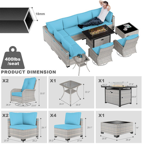 11-Piece Patio Furniture Set, Outdoor Patio Furniture with 55,000 BTU Fire Pit Table, Swivel Chairs Set, Thick Cushions, Modular Patio Sofa, Dual-Strand Wicker Rattan, Rust-Resistant Frame, Lake Blue