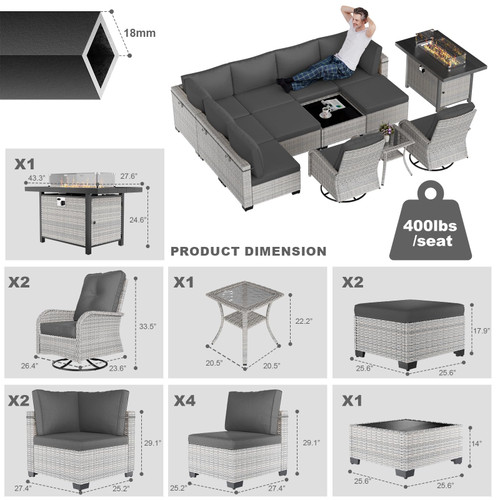 13-Piece Patio Furniture Set, Outdoor Patio Furniture with Swivel Chairs Set, Ottomans, 55,000 BTU Fire Pit Table, Modular Patio Sofa, Dual-Strand Wicker Rattan, Rust-Resistant Frame, Black