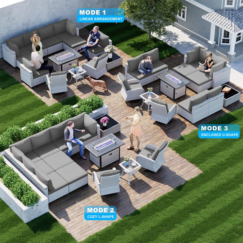 13-Piece Patio Furniture Set, Outdoor Patio Furniture with Swivel Chairs Set, Ottomans, 55,000 BTU Fire Pit Table, Modular Patio Sofa, Dual-Strand Wicker Rattan, Rust-Resistant Frame, Grey