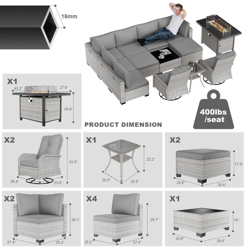 13-Piece Patio Furniture Set, Outdoor Patio Furniture with Swivel Chairs Set, Ottomans, 55,000 BTU Fire Pit Table, Modular Patio Sofa, Dual-Strand Wicker Rattan, Rust-Resistant Frame, Grey