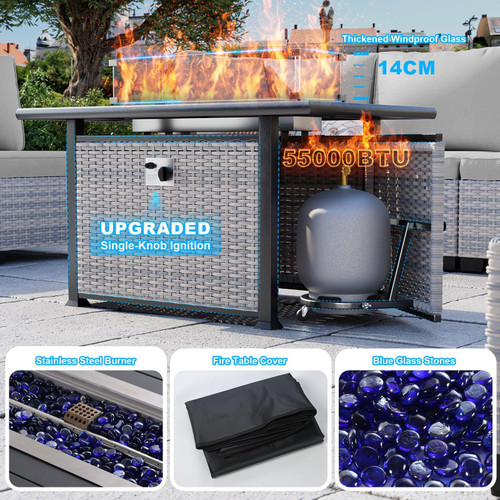 13-Piece Patio Furniture Set, Outdoor Patio Furniture with Swivel Chairs Set, Ottomans, 55,000 BTU Fire Pit Table, Modular Patio Sofa, Dual-Strand Wicker Rattan, Rust-Resistant Frame, Grey