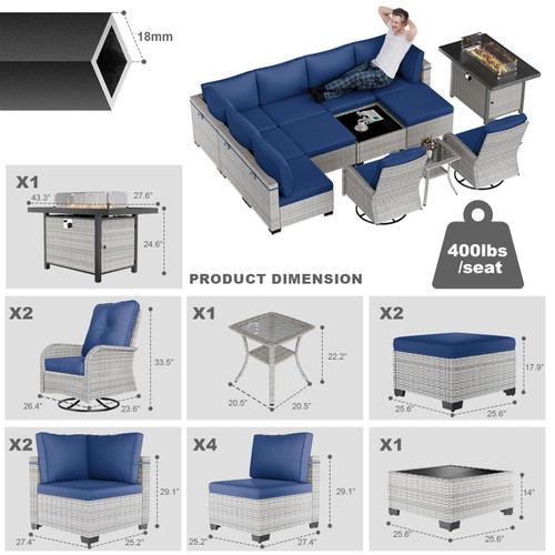 13-Piece Patio Furniture Set, Outdoor Patio Furniture with Swivel Chairs Set, Ottomans, 55,000 BTU Fire Pit Table, Modular Patio Sofa, Dual-Strand Wicker Rattan, Rust-Resistant Frame, Navy Blue