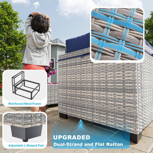 13-Piece Patio Furniture Set, Outdoor Patio Furniture with Swivel Chairs Set, Ottomans, 55,000 BTU Fire Pit Table, Modular Patio Sofa, Dual-Strand Wicker Rattan, Rust-Resistant Frame, Navy Blue