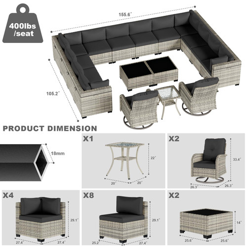 17-Piece Patio Furniture Set, Outdoor Patio Furniture with Swivel Chairs Set, Thick Cushions, Modular Patio Sofa, Dual-Strand Wicker Rattan, Rust-Resistant Frame, Black
