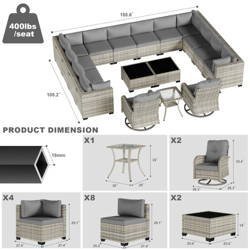 17-Piece Patio Furniture Set, Outdoor Patio Furniture with Swivel Chairs Set, Thick Cushions, Modular Patio Sofa, Dual-Strand Wicker Rattan, Rust-Resistant Frame, Grey