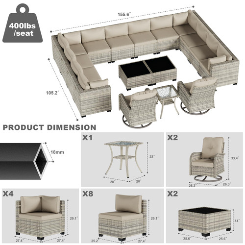 17-Piece Patio Furniture Set, Outdoor Patio Furniture with Swivel Chairs Set, Thick Cushions, Modular Patio Sofa, Dual-Strand Wicker Rattan, Rust-Resistant Frame, Khaki