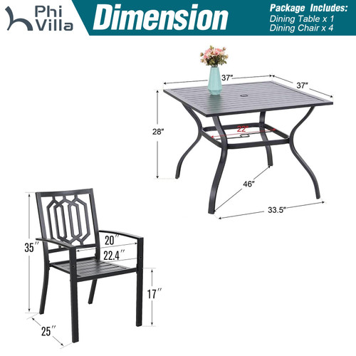 5-Piece Metal Patio Outdoor Table and Chairs Outdoor Dining Set - 37" Square Patio Table w/1.57" Umbrella Hole and 4 Backyard Garden Stackable Dining Chairs, Black