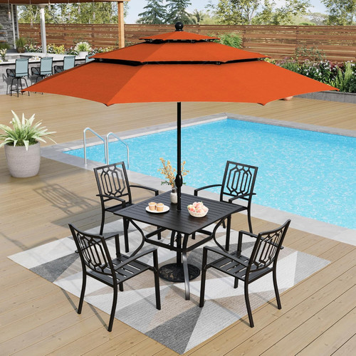 5-Piece Metal Patio Outdoor Table and Chairs Outdoor Dining Set - 37" Square Patio Table w/1.57" Umbrella Hole and 4 Backyard Garden Stackable Dining Chairs, Black