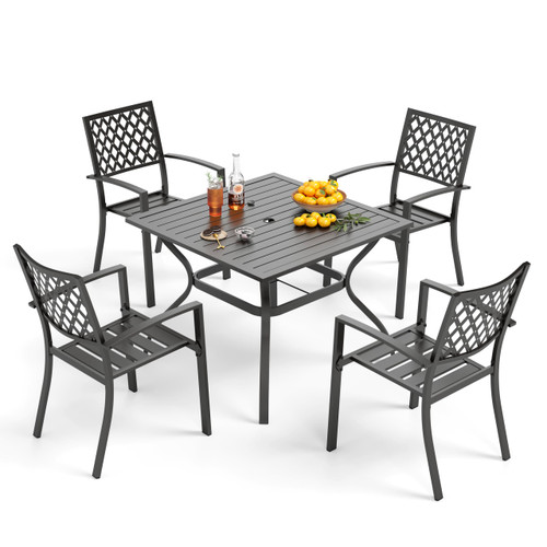 5-Piece Metal Patio Outdoor Table and Chairs Outdoor Dining Set - 37" Square Patio Table w/1.57" Umbrella Hole and 4 Backyard Garden Chairs