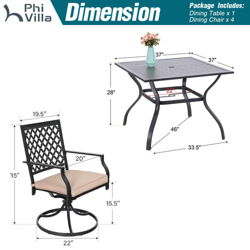 5 Pieces Outdoor Dining Set for 4, 37" Black Metal Table with Umbrella Hole & Swivel Wrought Iron Chairs with Cushions, Outside Furniture for Patio, Deck, Yard, Porch