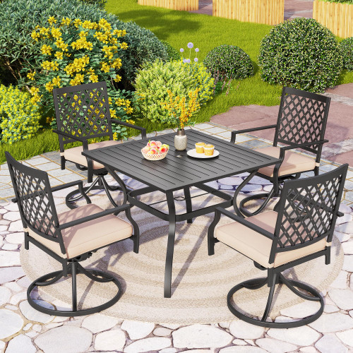 5 Pieces Outdoor Dining Set for 4, 37" Black Metal Table with Umbrella Hole & Swivel Wrought Iron Chairs with Cushions, Outside Furniture for Patio, Deck, Yard, Porch