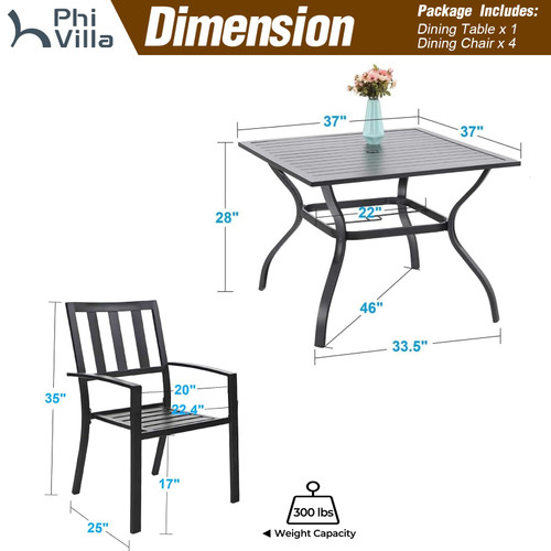5 Piece Outdoor Dining Table Set for 4, 37” Square Metal Dining Table with Umbrella Hole & Stackable Steel Chairs for Patio, Deck, Yard