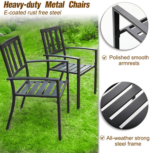 5 Piece Outdoor Dining Table Set for 4, 37” Square Metal Dining Table with Umbrella Hole & Stackable Steel Chairs for Patio, Deck, Yard