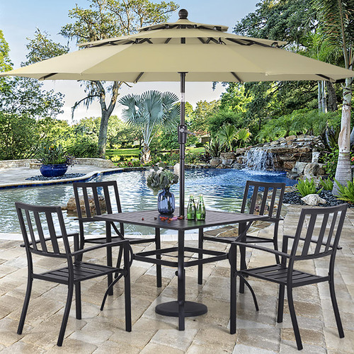 5 Piece Outdoor Dining Table Set for 4, 37” Square Metal Dining Table with Umbrella Hole & Stackable Steel Chairs for Patio, Deck, Yard