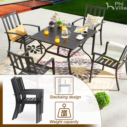 5 Piece Outdoor Dining Table Set for 4, 37” Square Metal Dining Table with Umbrella Hole & Stackable Steel Chairs for Patio, Deck, Yard