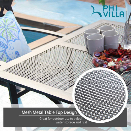 Patio Dining Set 5 Pcs 1 Metal Square Garden Umbrella Table 37" and 4 Armrest Chairs Support 300 lbs for Ourdoor Backyard Bistro Furniture Set