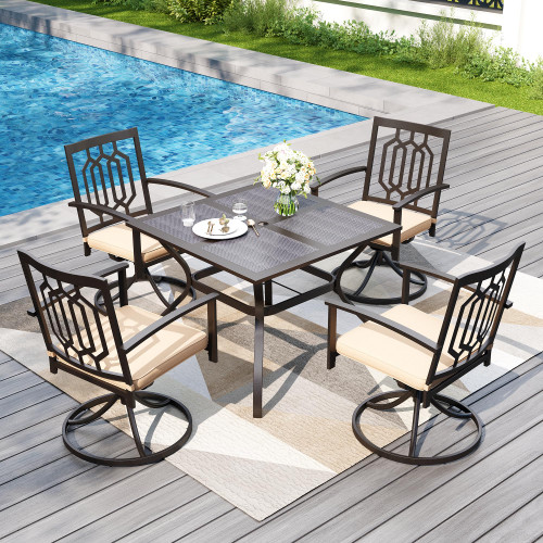 5 Pieces Outdoor Dining Set for 4, 37” Square Wrought Iron Table with Mesh Tabletop & Swivel Metal Steel Chairs with Cushions, Outside Furniture Set for Patio, Porch, Deck, Backyard