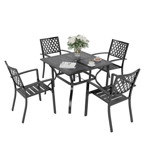 Patio Dining Set Wrought Iron Outdoor Table and Chairs Furniture Set 5 Piece, 37" Square Bistro Table with Umbrella Hole and 4 Backyard Garden Chairs Support 300LBS for Deck, Lawn, Garden