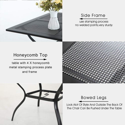 5 Pieces Outdoor Dining Set for 4, Metal Steel Square Table with Umbrella Hole & Stackable Black Wrought Iron Chairs, Heavy-Duty Dining Furniture for Patio, Deck, Backyard, Porch