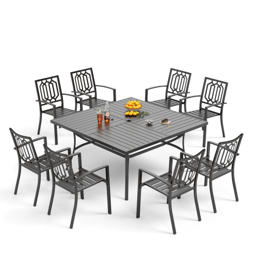 9-Piece Outdoor Dining Set, Square Metal Table (60") with Umbrella Hole and 8 Stackable Dining Chairs – Perfect for Patio, Garden, Deck, Porch, and Yard, 9PCS Outdoor Dining Set Style 2
