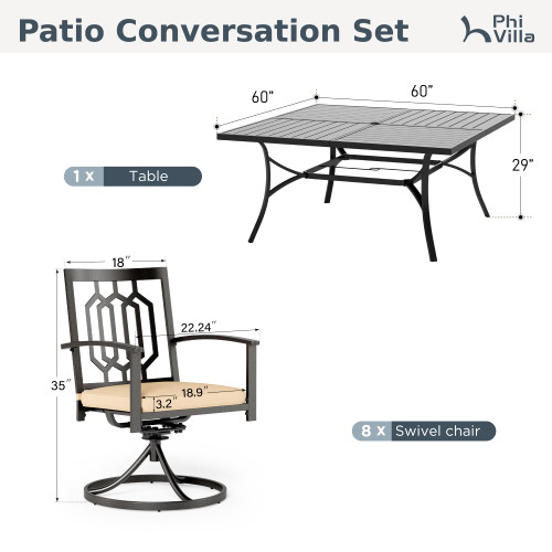 9 Piece Outdoor Dining Set for 8, Square Metal Table (60") with Umbrella Hole and Swivel Chairs with Cushions– Perfect for Patio, Garden, Deck, Porch, and Backyard