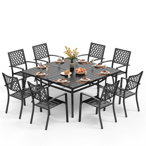 9 Piece Outdoor Dining Set for 8, 60" Metal Square Table with Umbrella Hole & Stackable Wrought Iron Chairs, All Weather Large Furniture Set for Patio, Deck, Backyard, Porch - Black