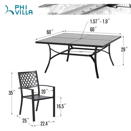 9 Piece Outdoor Dining Set for 8, 60" Metal Square Table with Umbrella Hole & Stackable Wrought Iron Chairs, All Weather Large Furniture Set for Patio, Deck, Backyard, Porch - Black