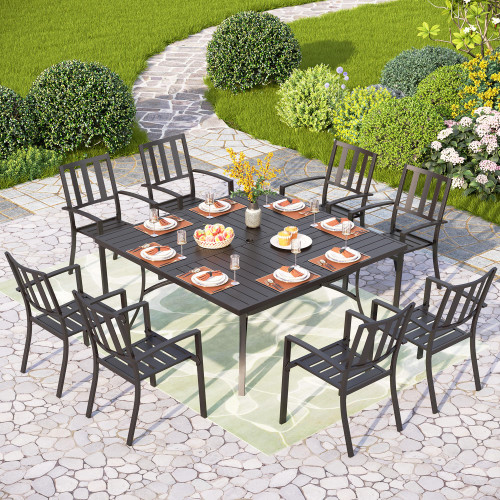 9 Pieces Outdoor Dining Table Set for 8, 60” Square Metal Dining Table & Stackable Dining Chairs, Large Dining Furniture Set for Patio, Deck, Yard, Porch