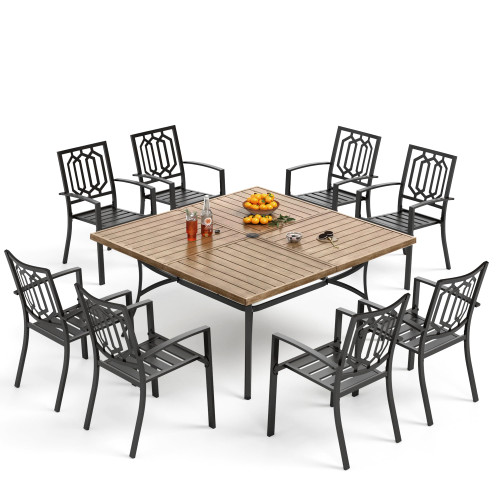 9-Piece Outdoor Dining Set, Retangualr Metal Table (60") with Umbrella Hole and 8 Stackable Dining Chairs – Perfect for Patio, Garden, Deck, Porch, and Yard, 9PCS Outdoor Dining Set Style 2
