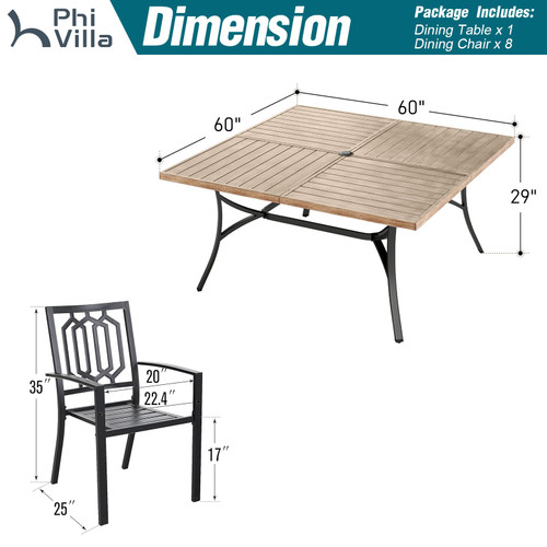9-Piece Outdoor Dining Set, Retangualr Metal Table (60") with Umbrella Hole and 8 Stackable Dining Chairs – Perfect for Patio, Garden, Deck, Porch, and Yard, 9PCS Outdoor Dining Set Style 2