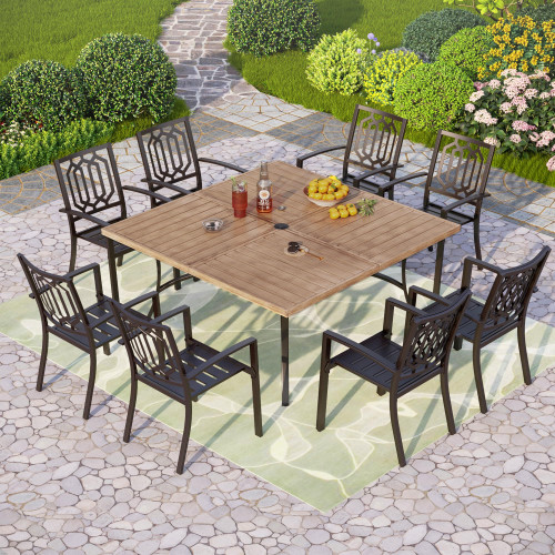 9-Piece Outdoor Dining Set, Retangualr Metal Table (60") with Umbrella Hole and 8 Stackable Dining Chairs – Perfect for Patio, Garden, Deck, Porch, and Yard, 9PCS Outdoor Dining Set Style 2