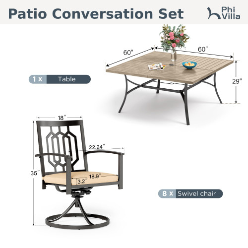 9 Pieces Outdoor Dining Set for 8, 60” Square Wrought Iron Table with Wood-Like Tabletop & Swivel Metal Steel Chairs, Large Outside Furniture Set for Patio, Porch, Deck, Backyard