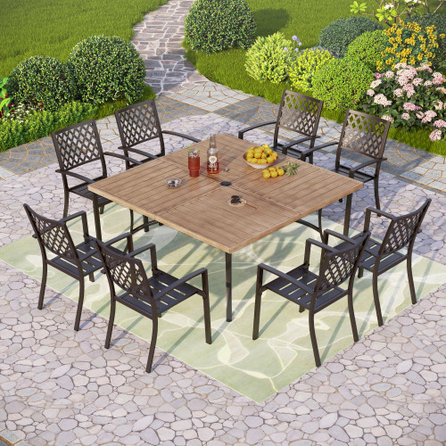 9-Piece Outdoor Dining Set, Retangualr Metal Table (60") with Umbrella Hole and 8 Stackable Dining Chairs – Perfect for Patio, Garden, Deck, Porch, and Yard, 9PCS Outdoor Dining Set Style 1